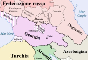 Le due Ossezie all'interno dei confini russo e georgiano. Cartina da voxeurop.eu